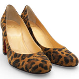 Brown Animal Print Calf Hair Round Toe Pumps Size37