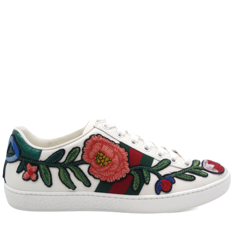 Calfskin Web Floral Embroidered Womens Ace Sneakers 36 White