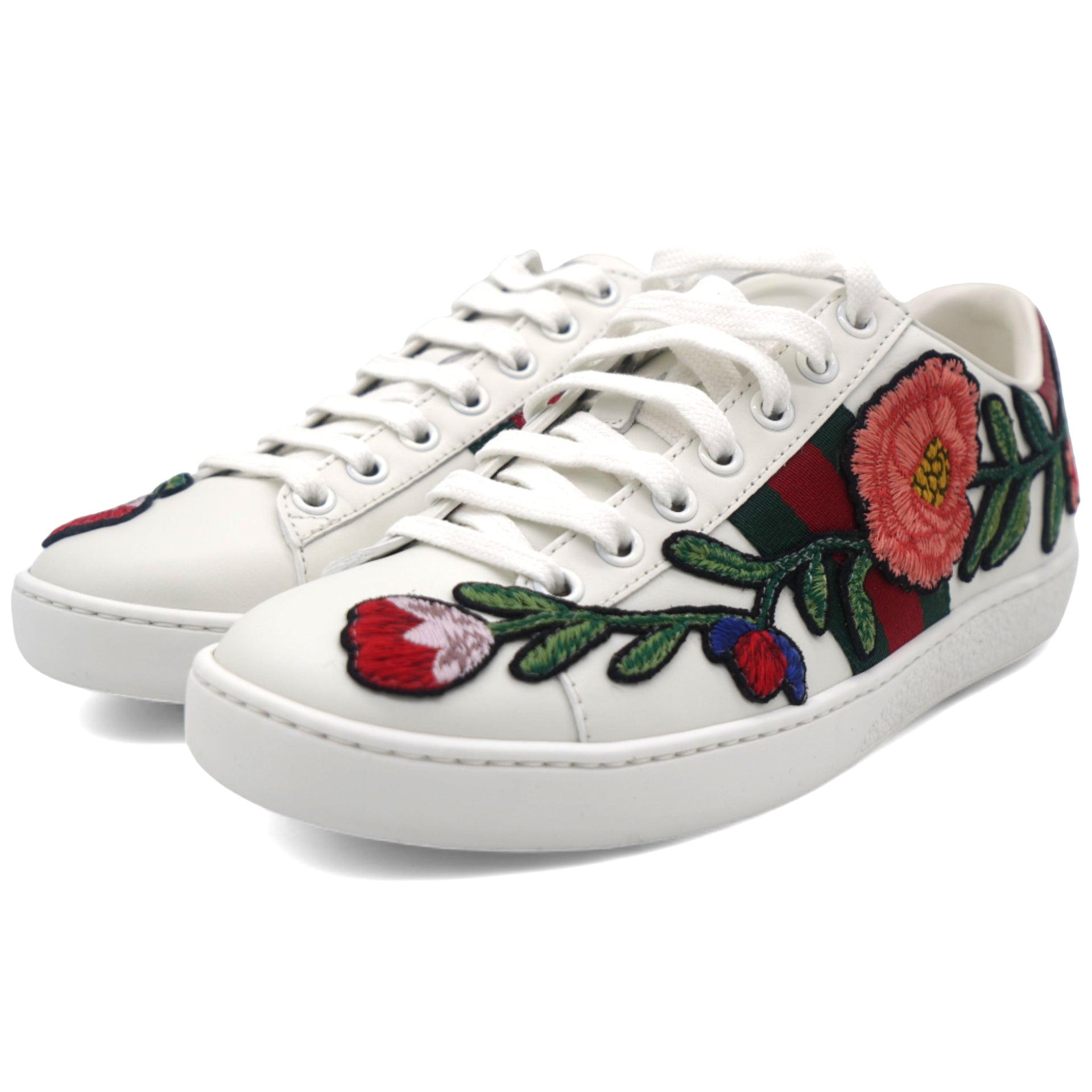 Calfskin Web Floral Embroidered Womens Ace Sneakers 36 White