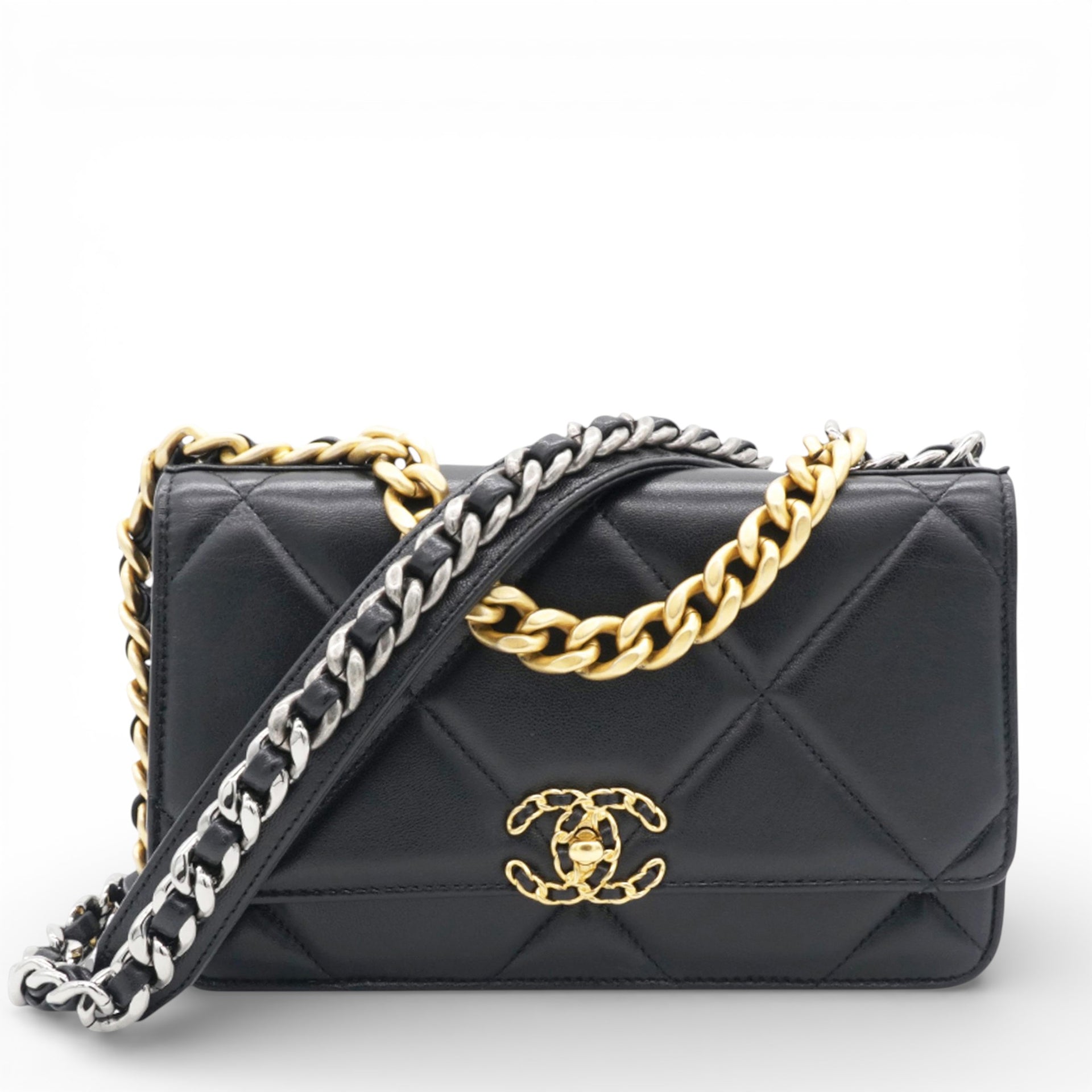 Lambskin Quilted Chanel 19 Wallet On Chain WOC Black
