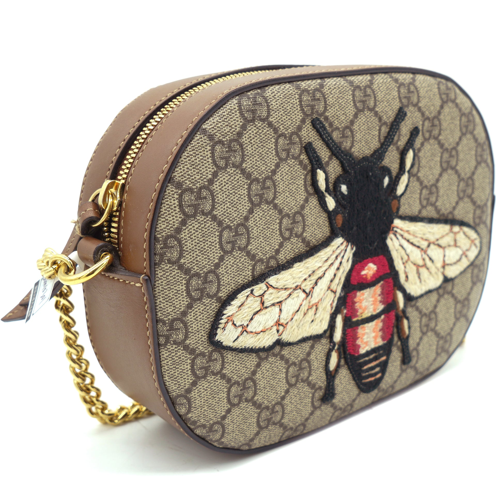 Gucci Beige GG Monogram Canvas Bee Web Camera Bag Gold Hardware