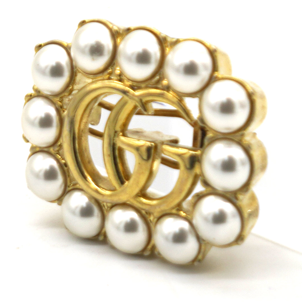Metal Faux Pearl Double G Brooch Aged Gold