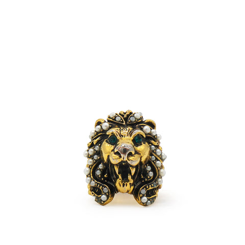 Metal Pearl Crystal Lion Head Ring Aged Gold Size16/56