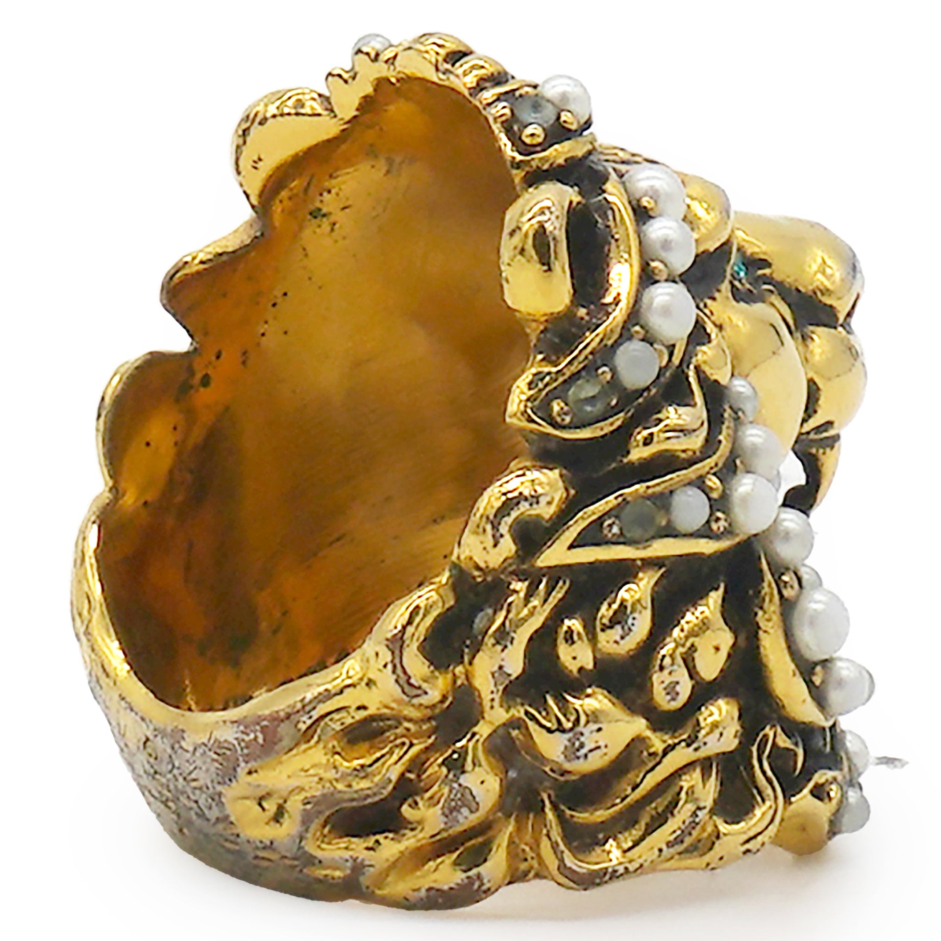 Metal Pearl Crystal Lion Head Ring Aged Gold Size16/56