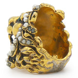 Metal Pearl Crystal Lion Head Ring Aged Gold Size16/56