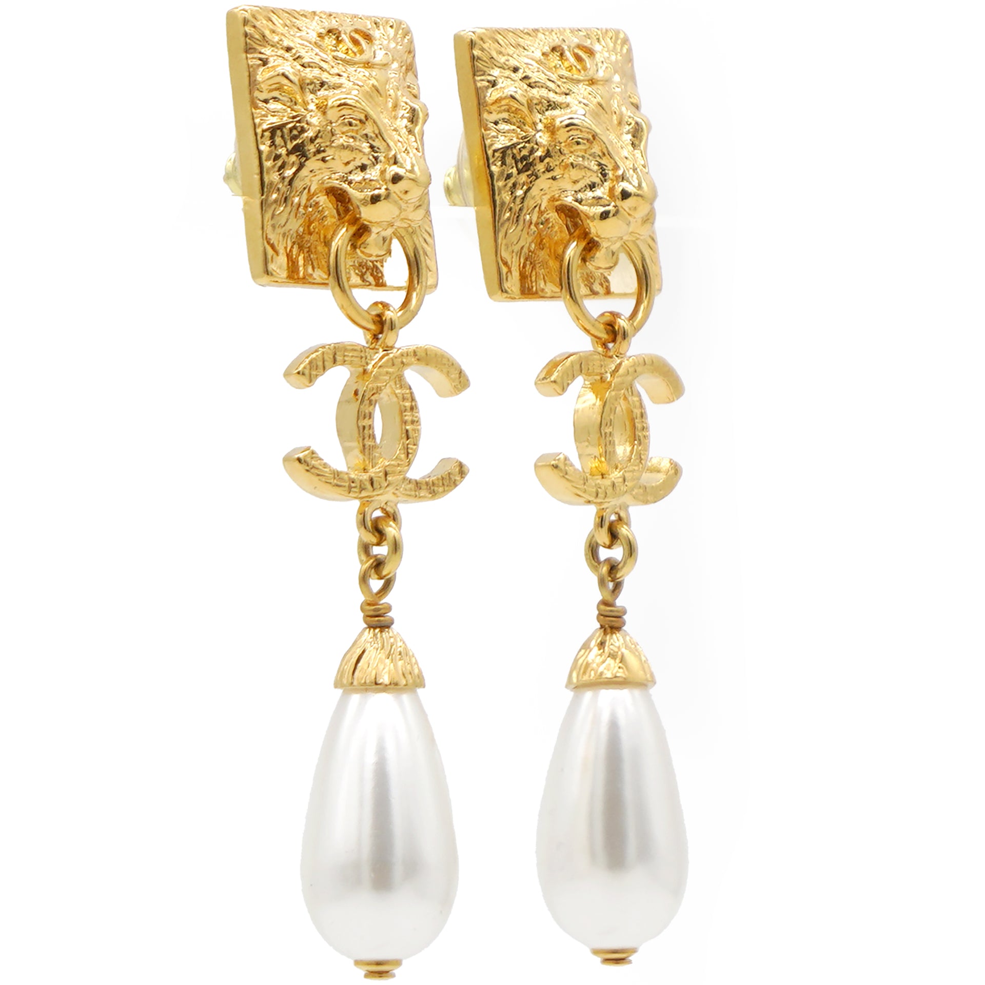 Faux Pearl Lion Doorknocker Drop Earrings