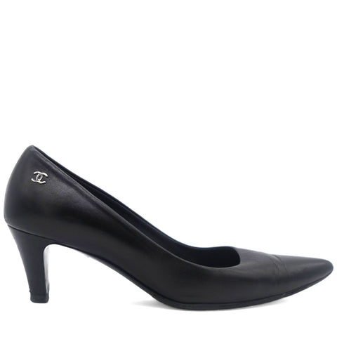 Black Leather Pointed Toe Pumps Size 37