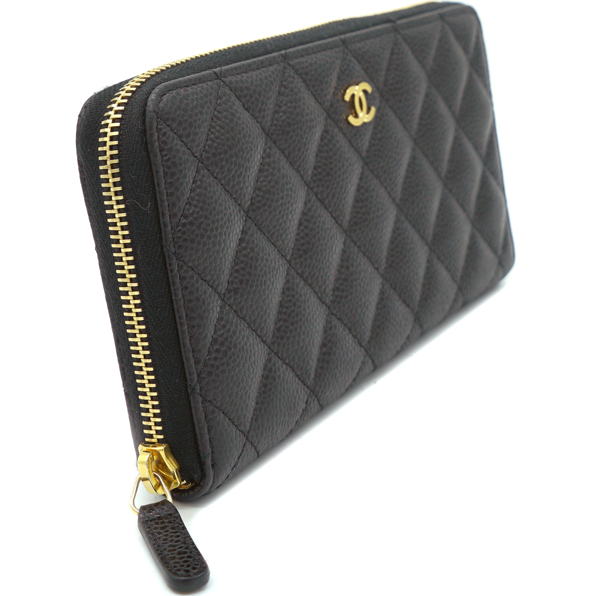 CHANEL A50097 BLACK CAIVAR LEATHER QUILTED ZIP AROUND LONG WALLET