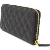Black Caviar Leather Quilted Zip Around Long Wallet