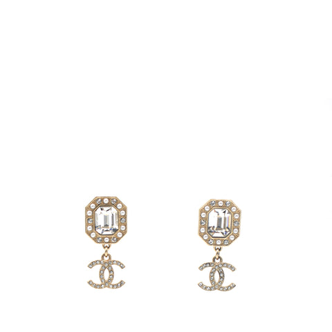 Gold Pearl White Crystal CC Logo Classic Stud Earrings