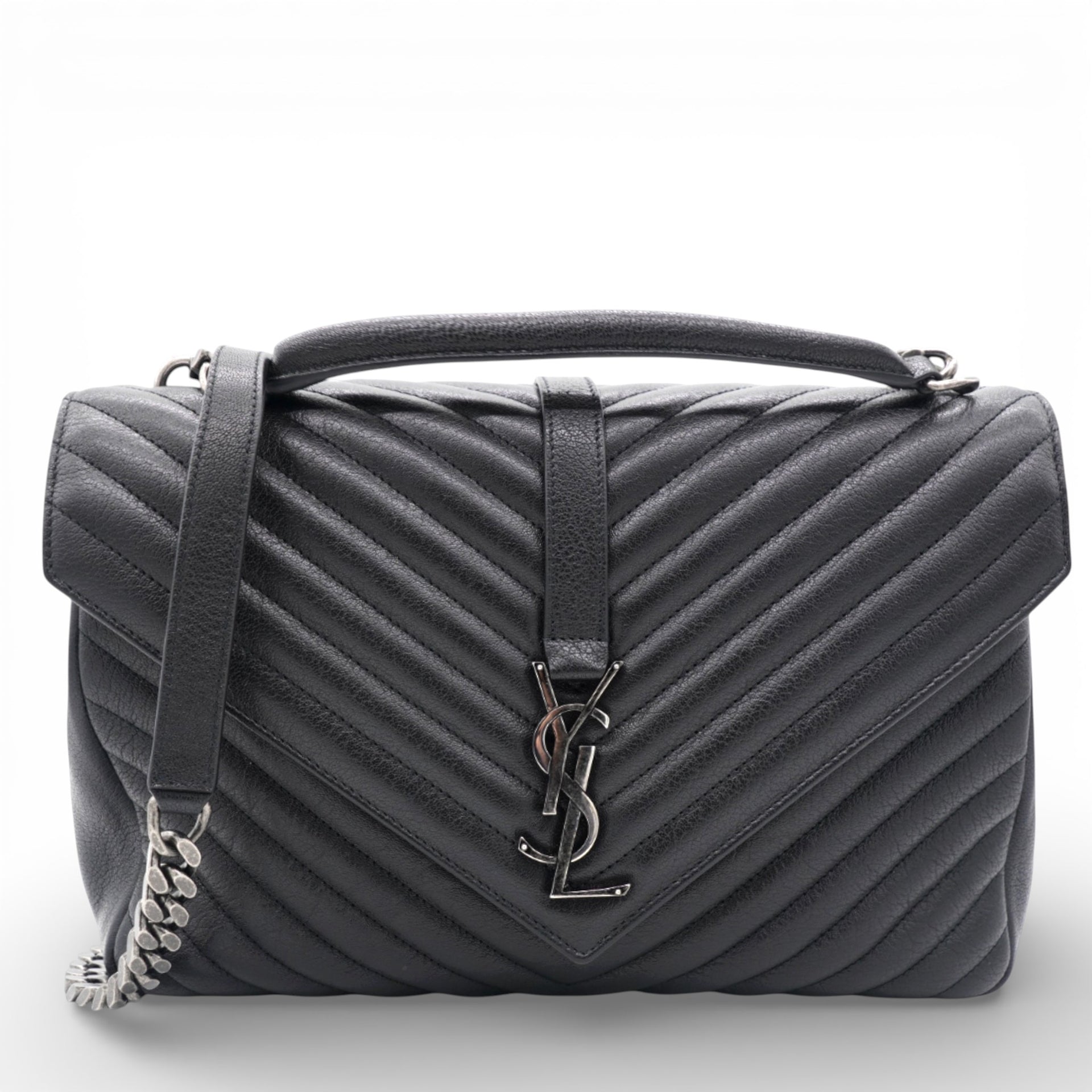 Sheepskin Matelasse Chevron Monogram Large College Satchel Black