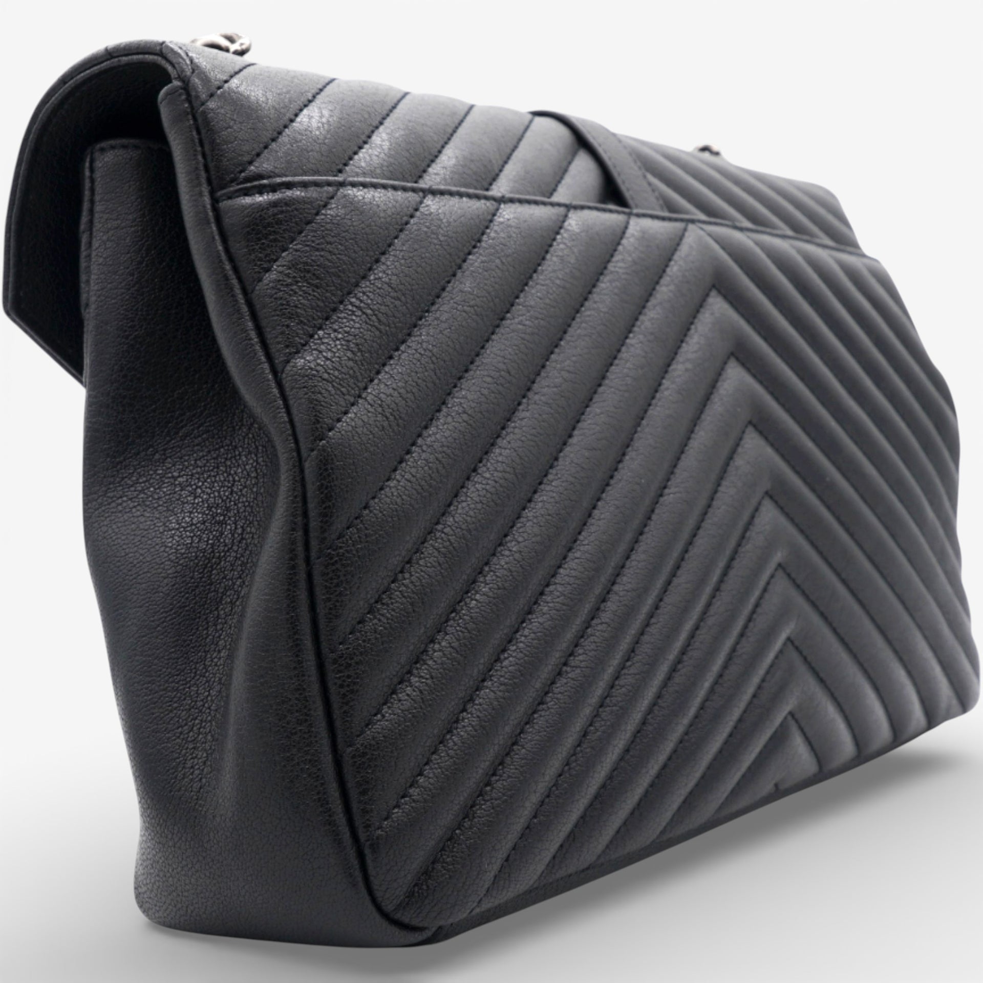 Sheepskin Matelasse Chevron Monogram Large College Satchel Black