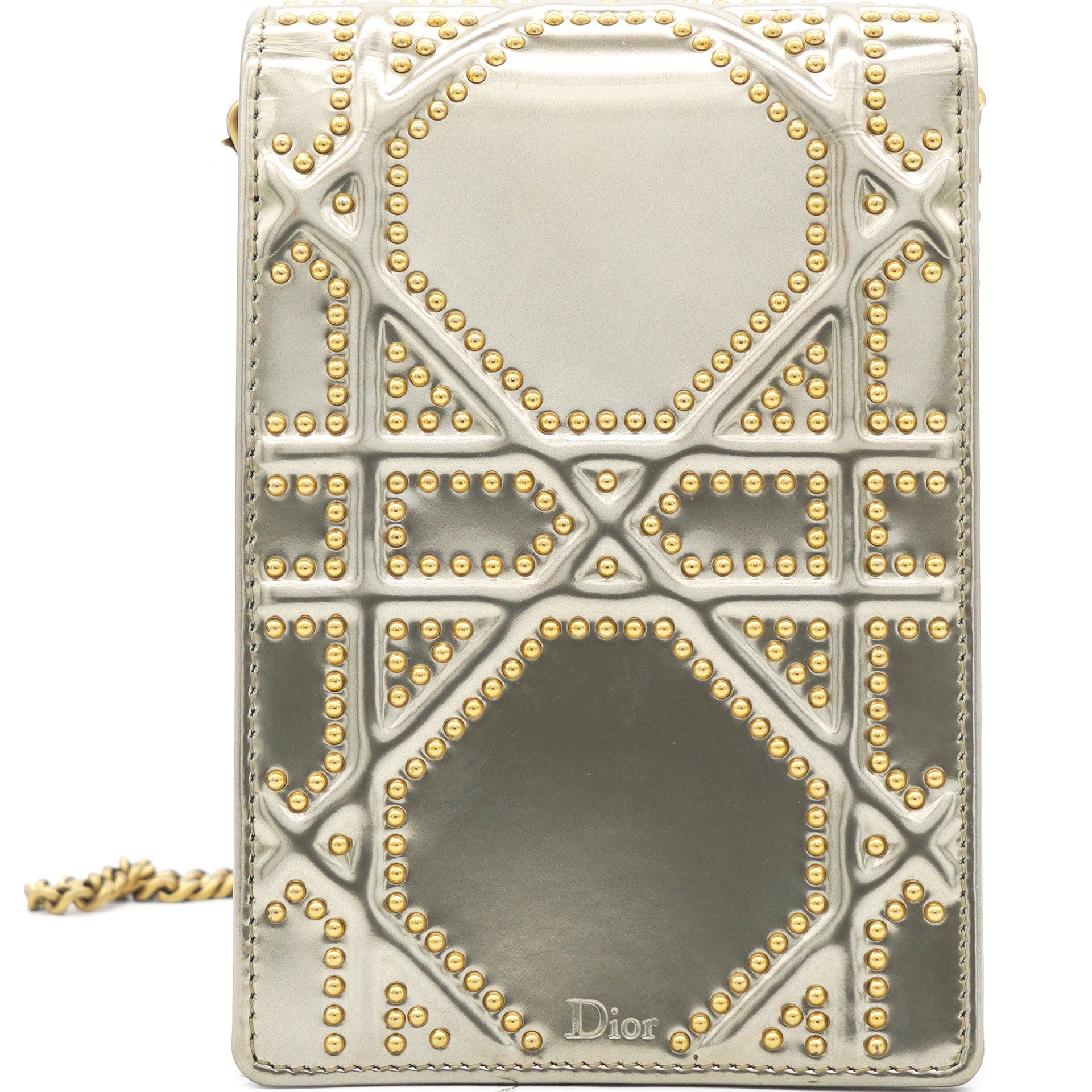 Champagne Glossy Leather Diorama Studded Vertical Chain Clutch