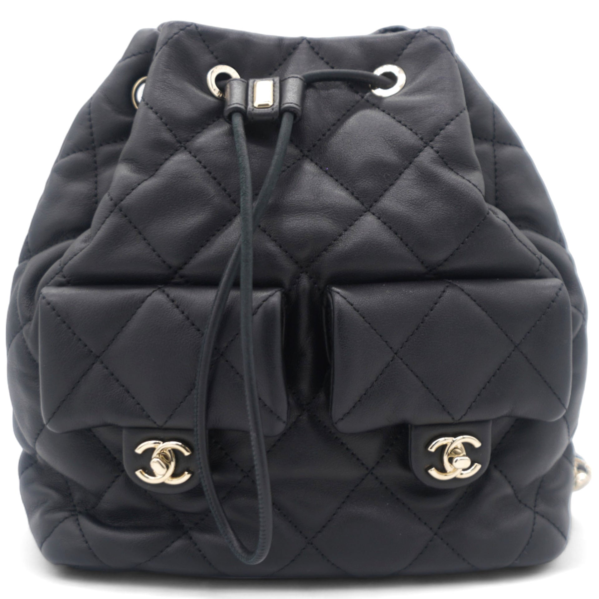 Lambskin Quilted Drawstring Backpack Black