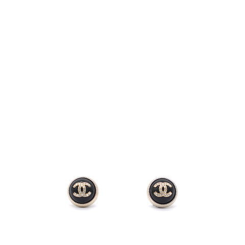 Black Enamel Gold CC Logo Stud Earrings