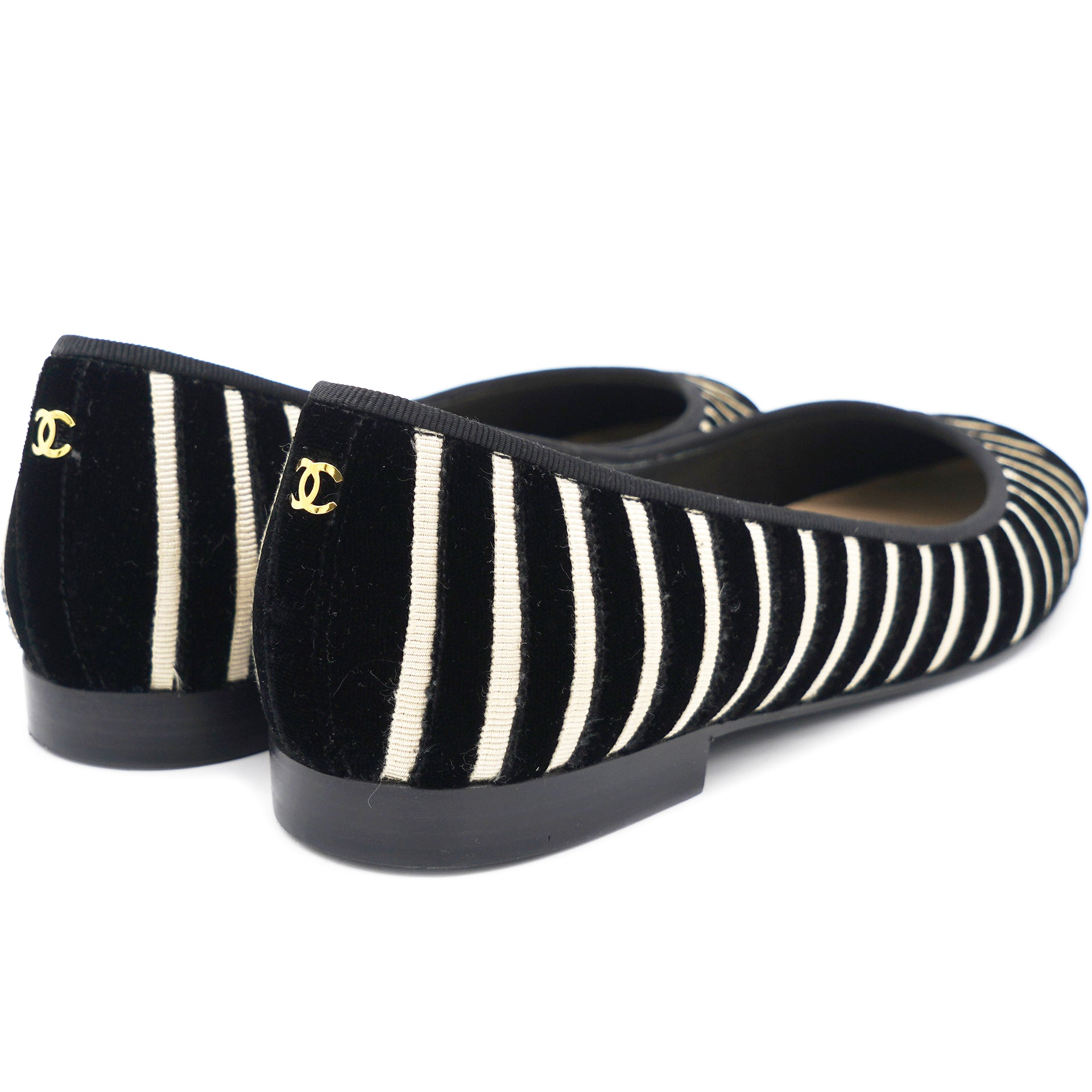 Chanel Black Ivory Velvet Beige Striped CC Ballet Flats 38 – STYLISHTOP