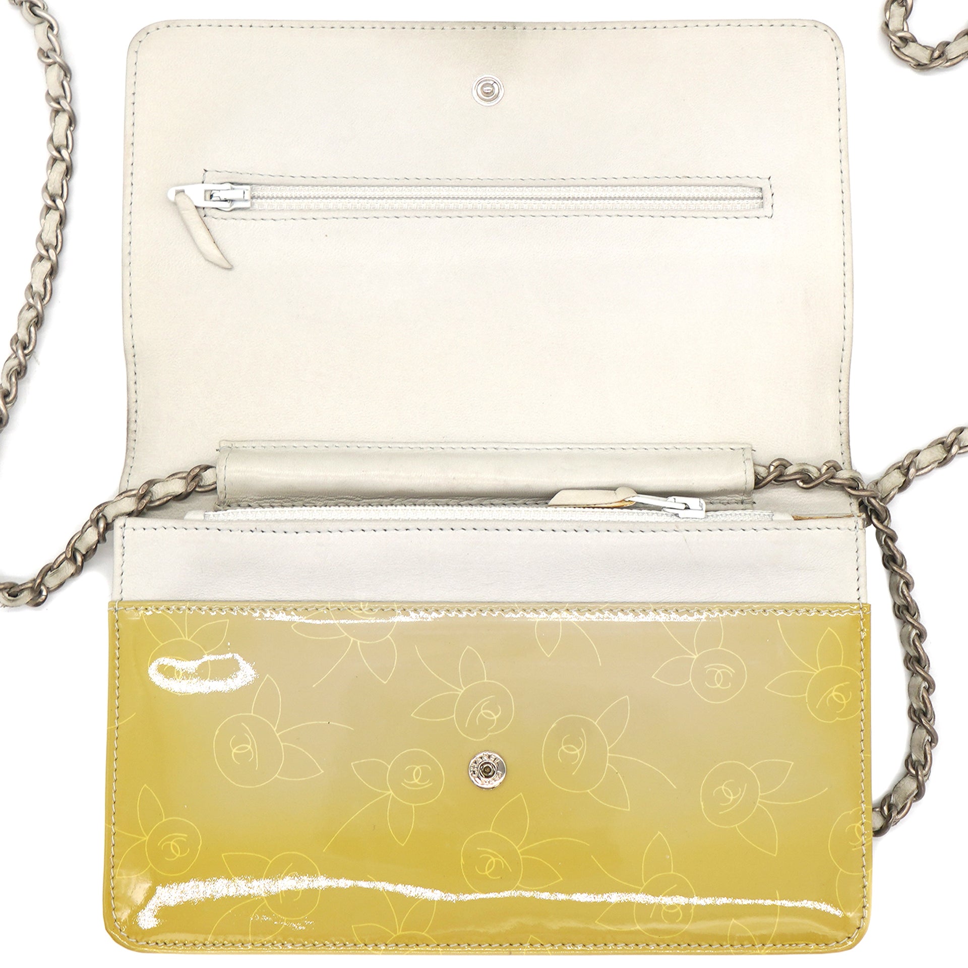 Patent Cherry Pattern Wallet on Chain Yellow