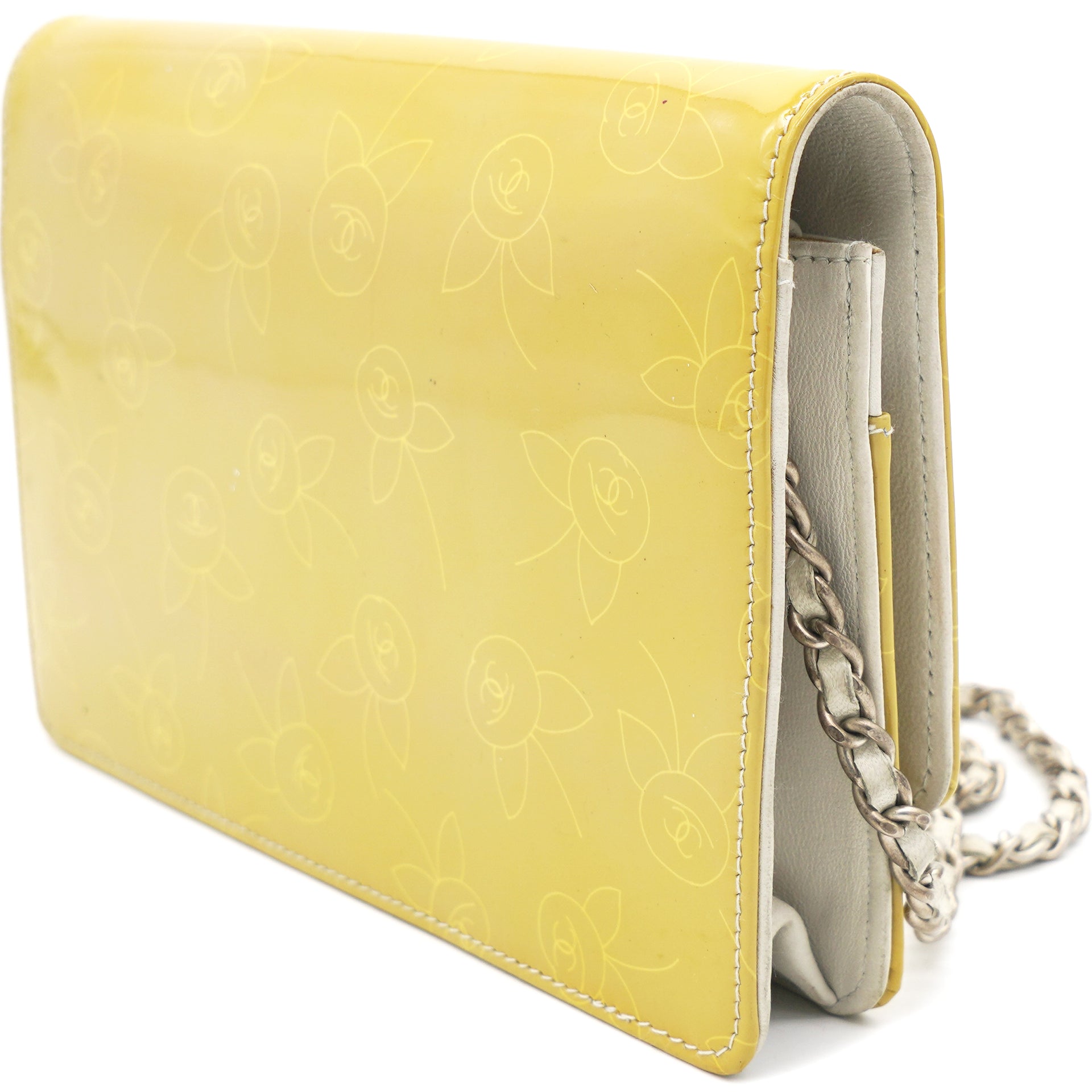 Patent Cherry Pattern Wallet on Chain Yellow