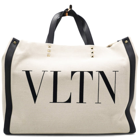 White/Black Canvas and Leather VLTN Logo Tote