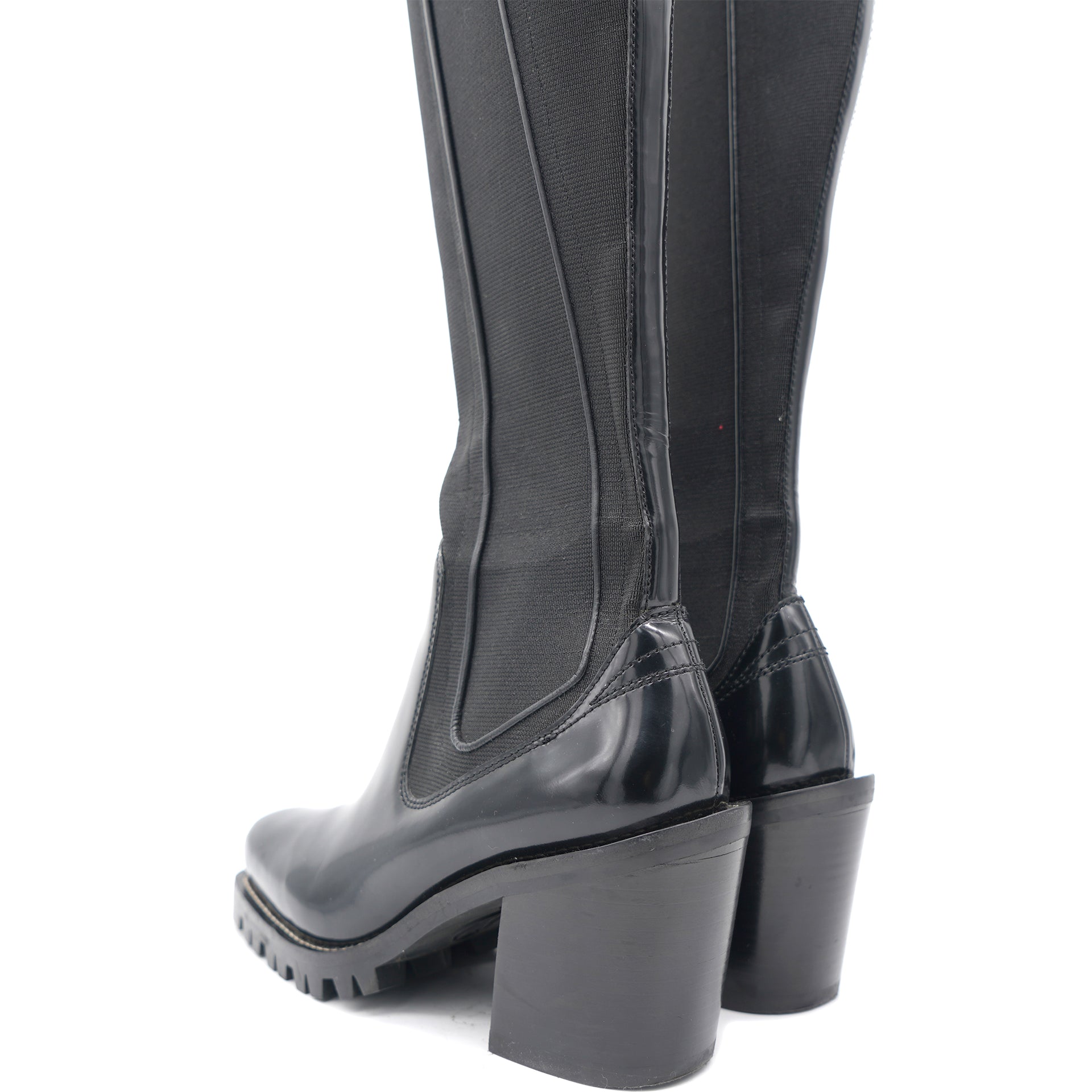 Black Fabric and Patent Leather Knee Length Boots Size 39