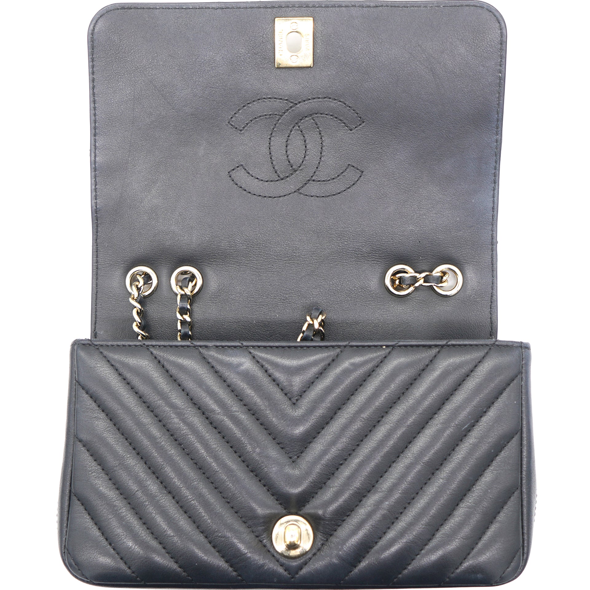 CHANEL Classic Navy Caviar Compact Quilted Flap Chevron Wallet