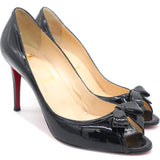 Black Patent Leather Milady Bow Open Toe Pumps 38