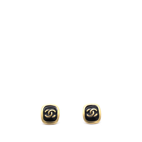 Vintage CC Gold Logo Black Enamel Square Earrings