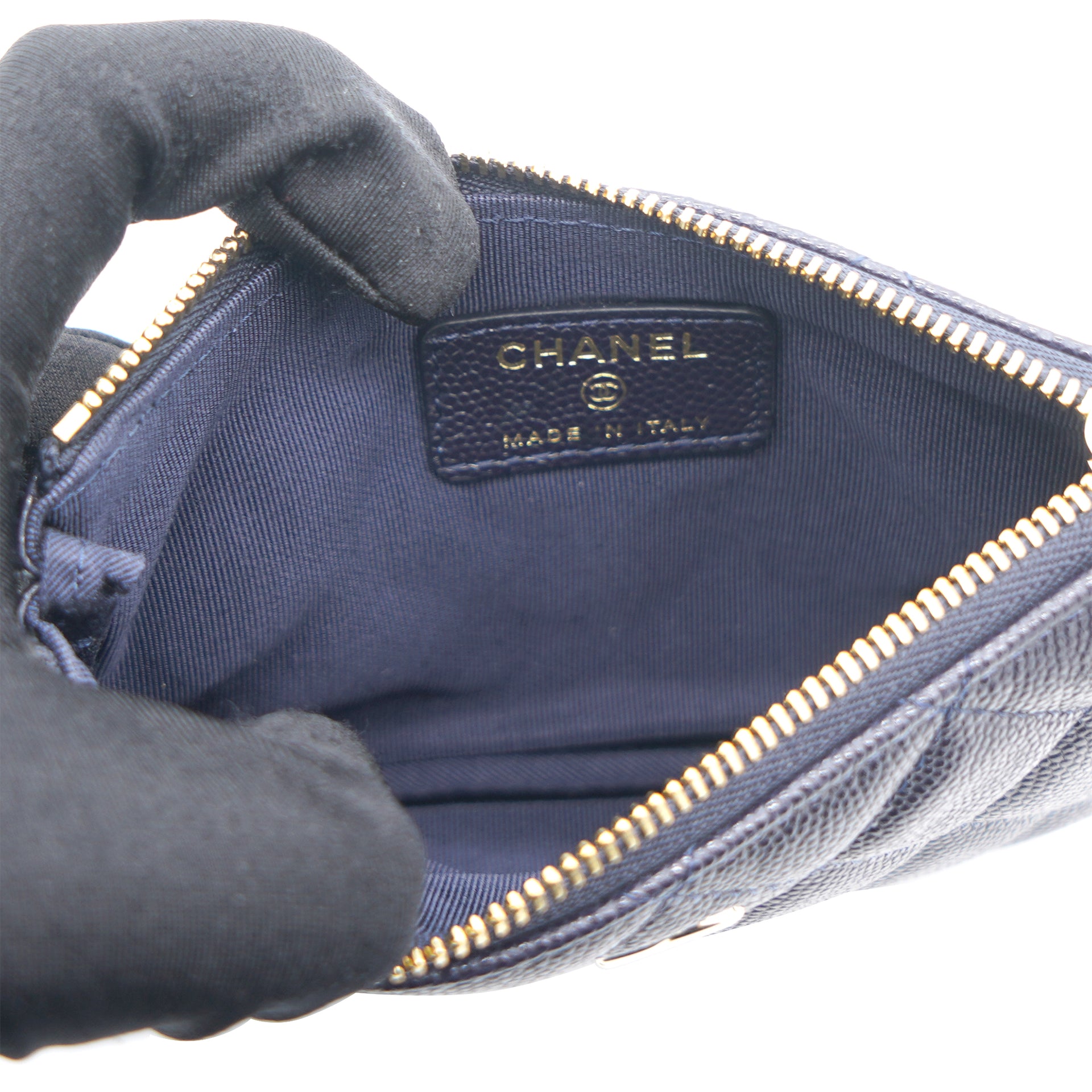 Caviar Leather Mini O Case Zip Navy Pouch