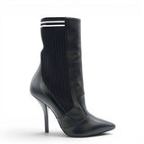  Fendi Black Leather And Stretch Knit Rockoko Pointed Toe Ankle Boots Size38 