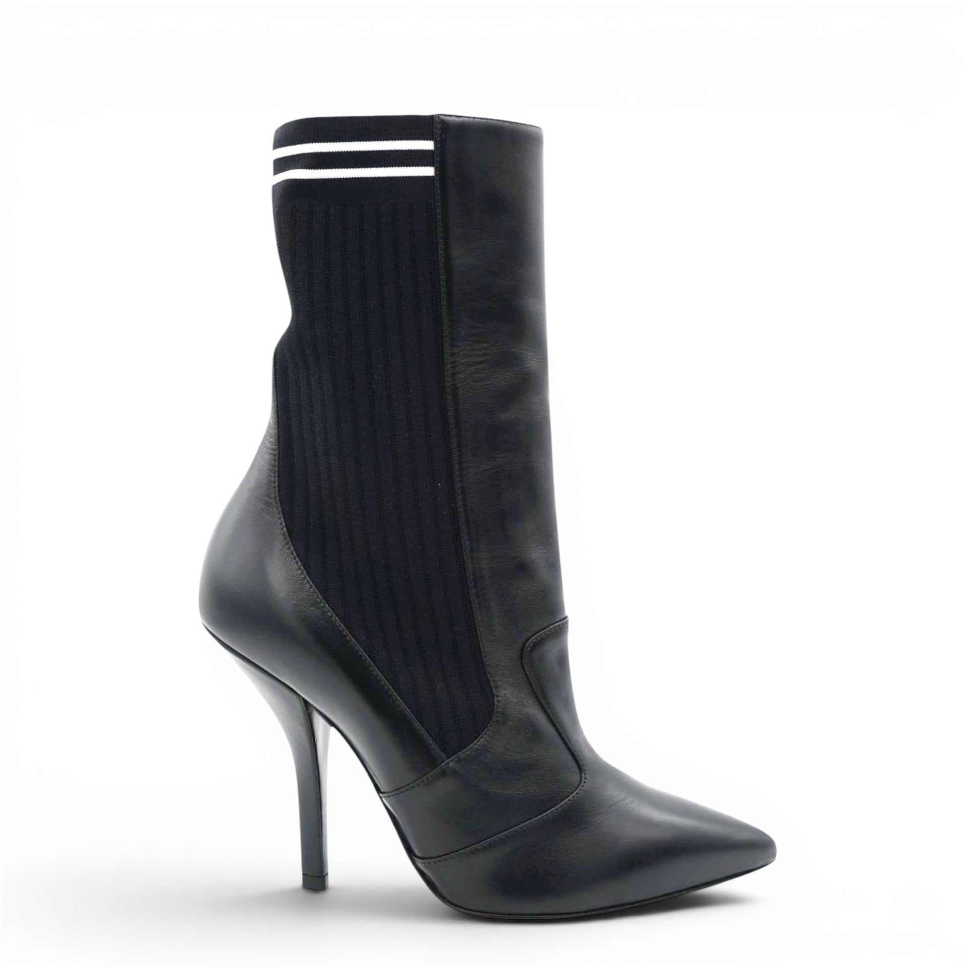  Fendi Black Leather And Stretch Knit Rockoko Pointed Toe Ankle Boots Size38 