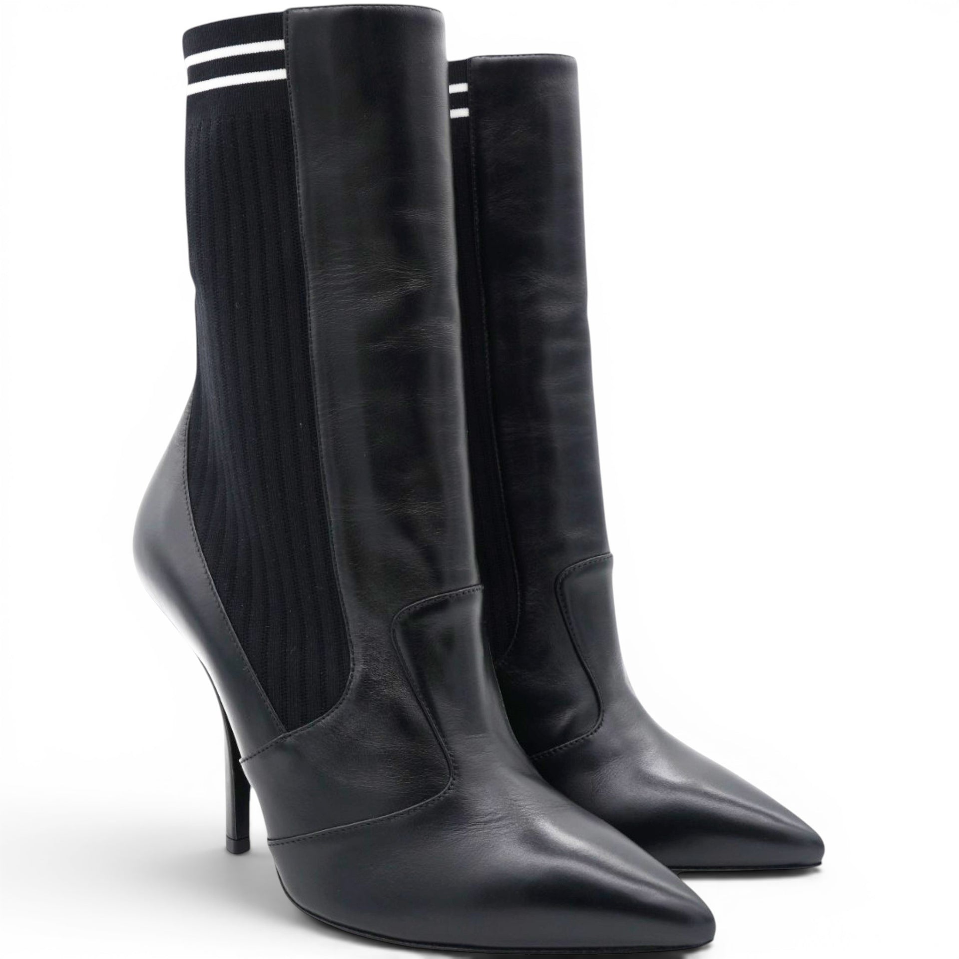  Fendi Black Leather And Stretch Knit Rockoko Pointed Toe Ankle Boots Size38 