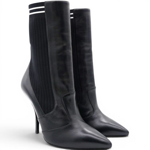  Fendi Black Leather And Stretch Knit Rockoko Pointed Toe Ankle Boots Size38 
