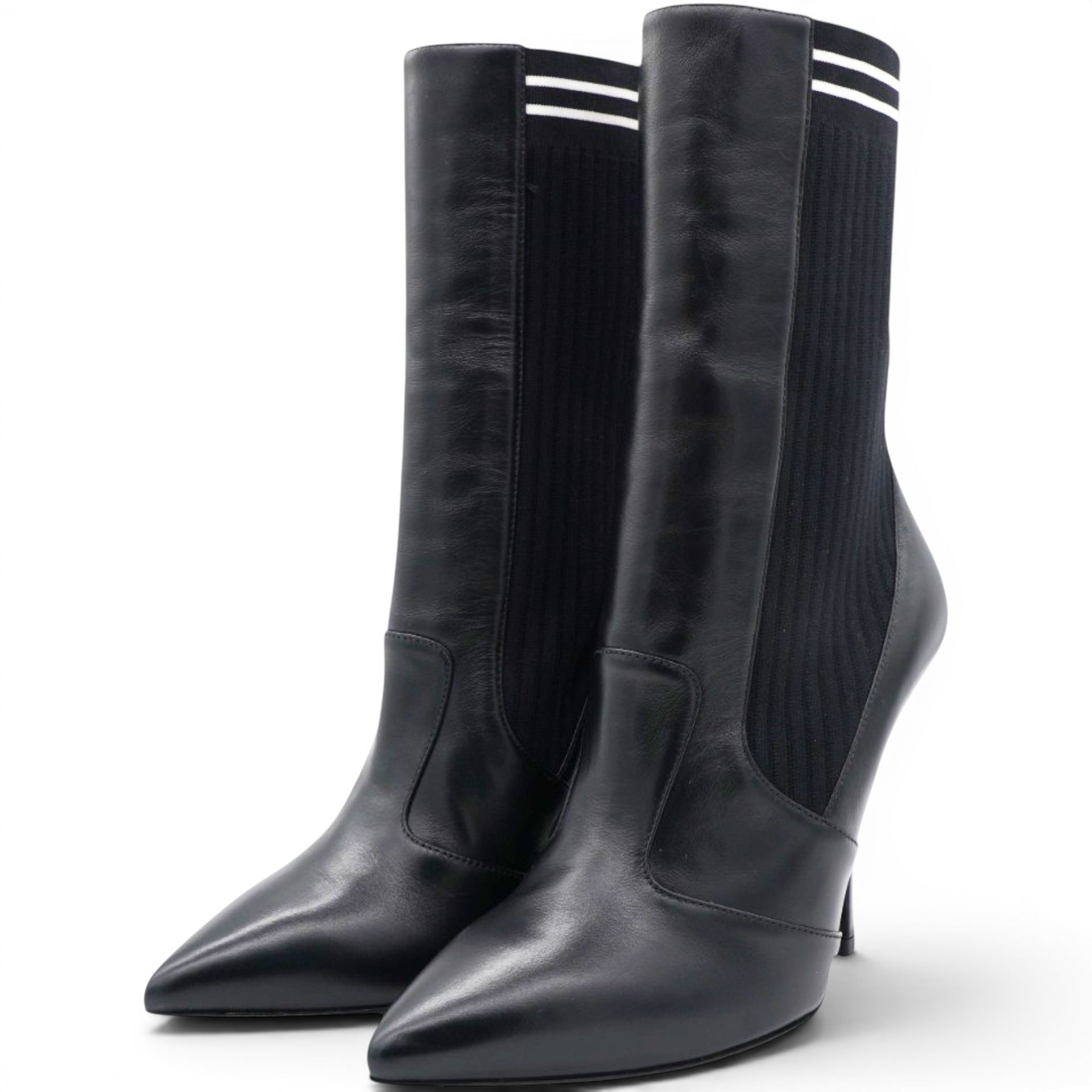  Fendi Black Leather And Stretch Knit Rockoko Pointed Toe Ankle Boots Size38 