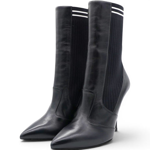  Fendi Black Leather And Stretch Knit Rockoko Pointed Toe Ankle Boots Size38 