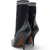  Fendi Black Leather And Stretch Knit Rockoko Pointed Toe Ankle Boots Size38 