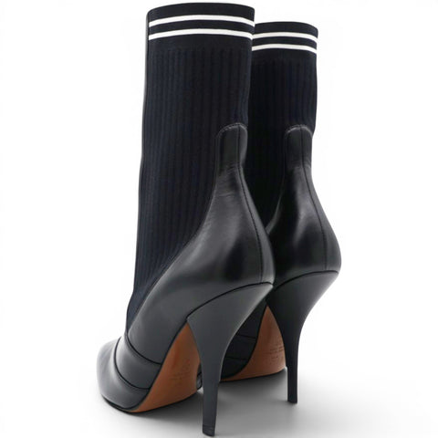  Fendi Black Leather And Stretch Knit Rockoko Pointed Toe Ankle Boots Size38 