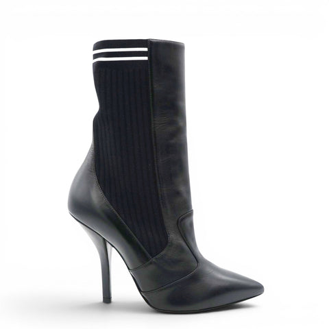  Fendi Black Leather And Stretch Knit Rockoko Pointed Toe Ankle Boots Size38 