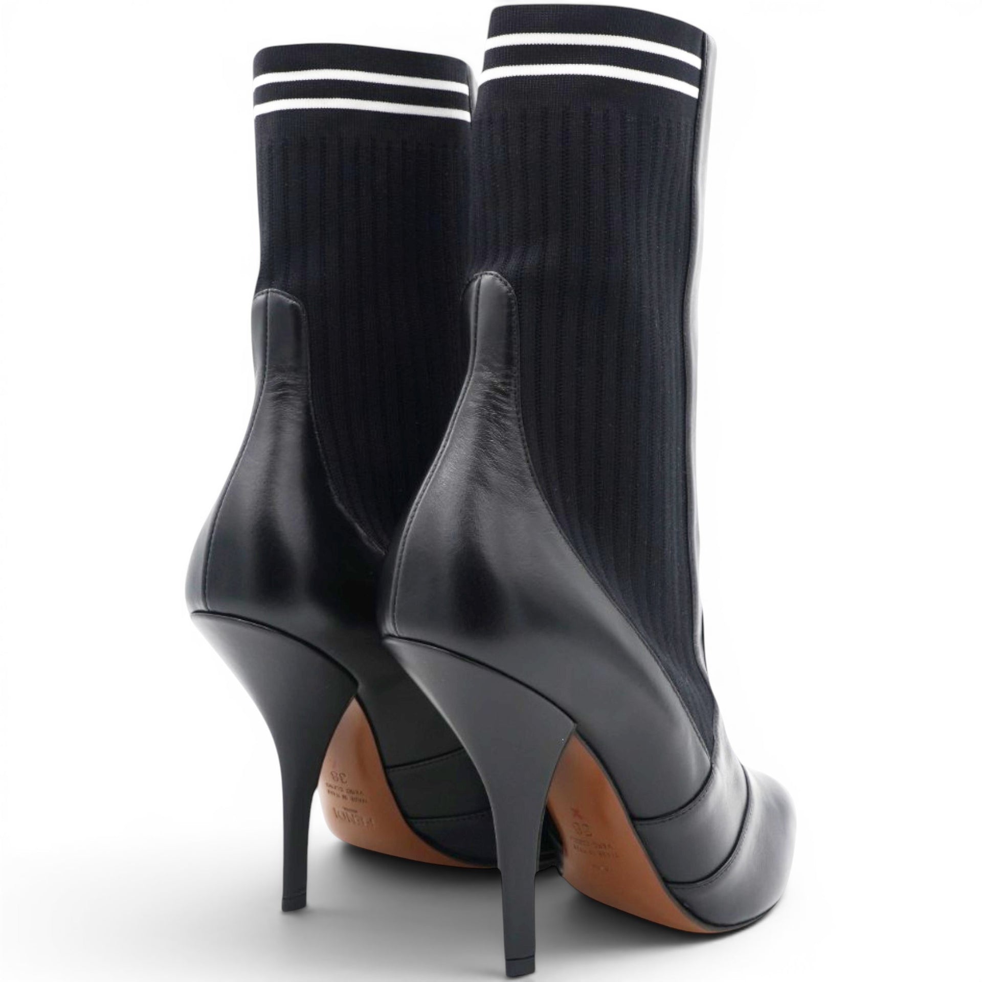  Fendi Black Leather And Stretch Knit Rockoko Pointed Toe Ankle Boots Size38 