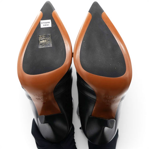  Fendi Black Leather And Stretch Knit Rockoko Pointed Toe Ankle Boots Size38 