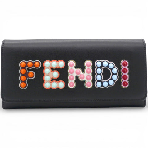 Fendi Black Leather Logo Multifunction Wallet on Chain 