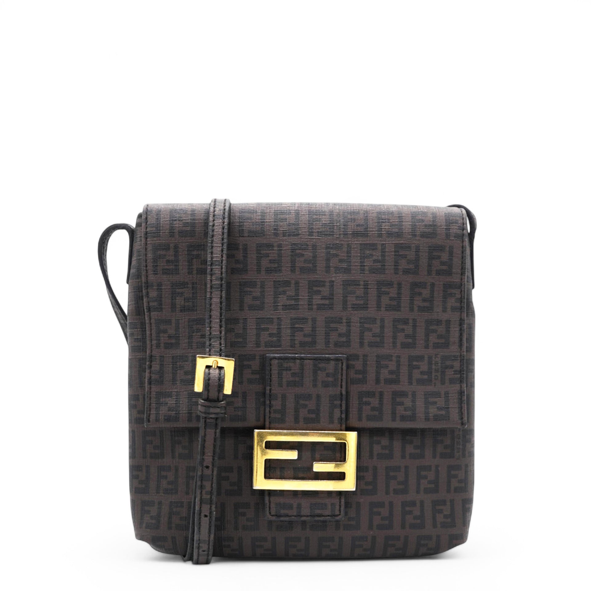 Fendi Black Zucchino Coated Canvas FF Flap Messenger Bag 