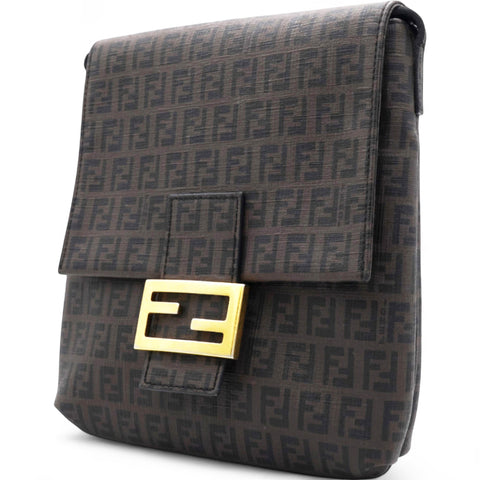 Fendi Black Zucchino Coated Canvas FF Flap Messenger Bag 