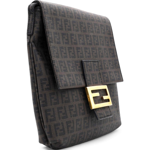 Fendi Black Zucchino Coated Canvas FF Flap Messenger Bag 