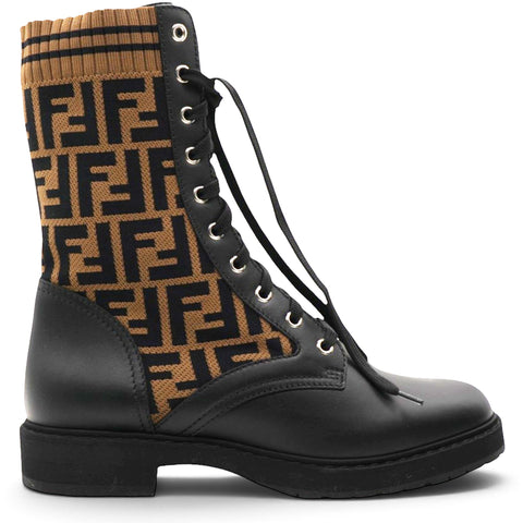 Fendi Calfskin Stretch Fabric FF Rockoko Biker Boots Black Tobacco Size39 