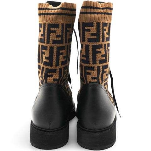 Fendi Calfskin Stretch Fabric FF Rockoko Biker Boots Black Tobacco Size39 