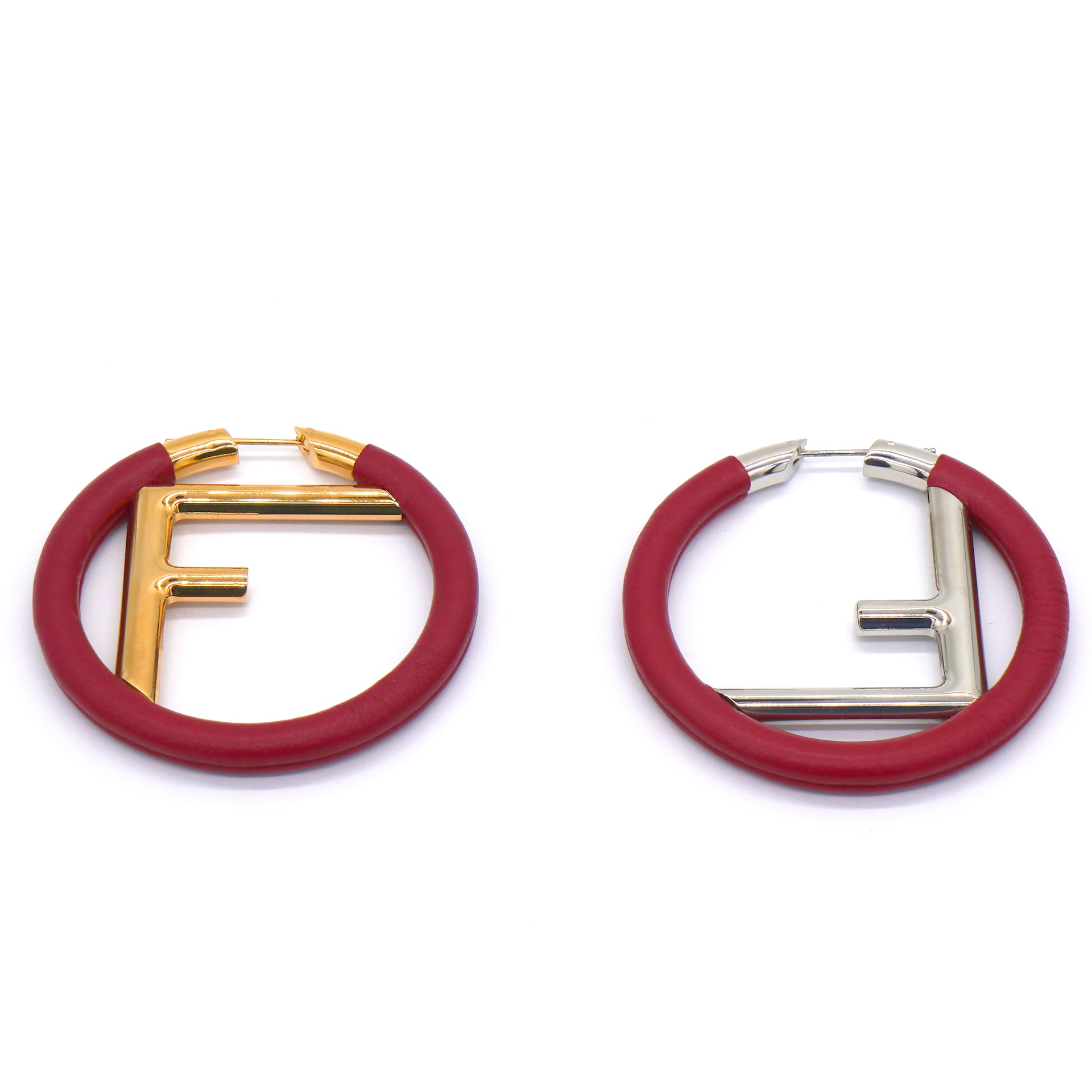 Fendi Leather Logo "F" Two Tone Hoop Earrings 