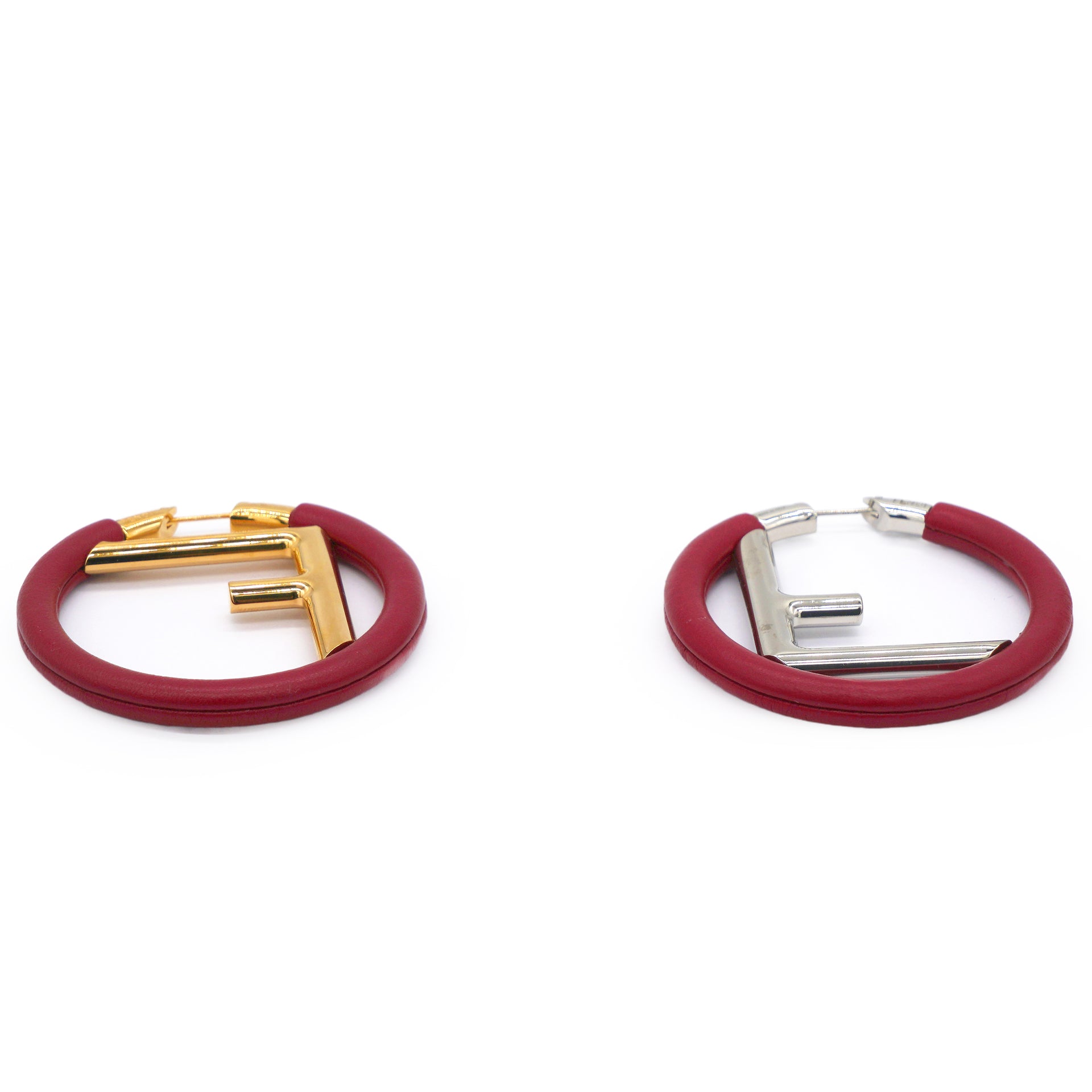 Fendi Leather Logo "F" Two Tone Hoop Earrings 