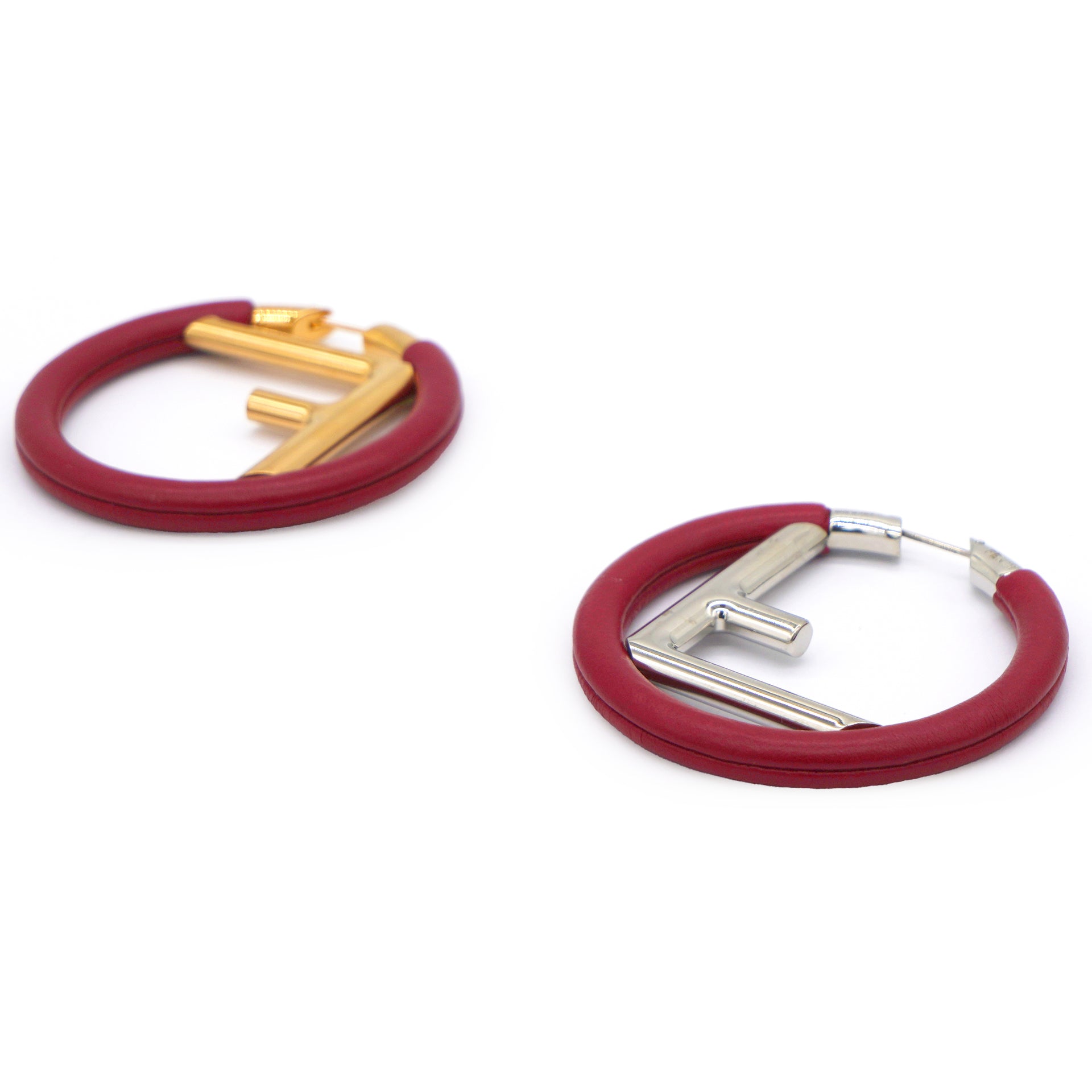 Fendi Leather Logo "F" Two Tone Hoop Earrings 