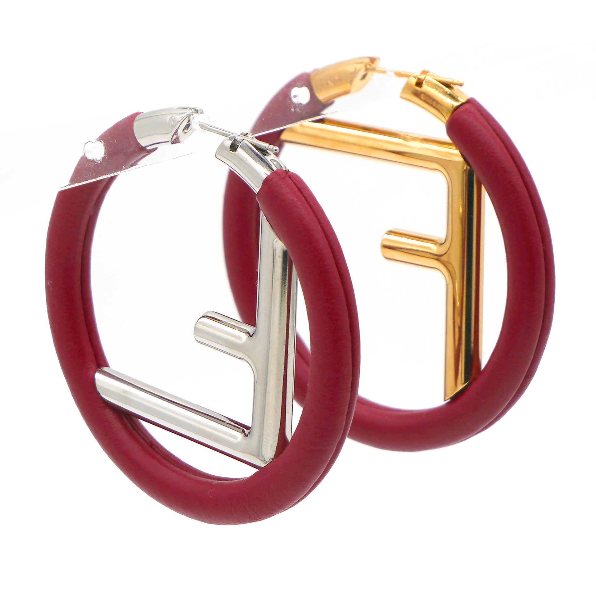 Fendi Leather Logo "F" Two Tone Hoop Earrings 