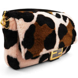 Fendi Shearling Vitello Dolce Leopard Print Large Baguette Pink Brown Multicolor 